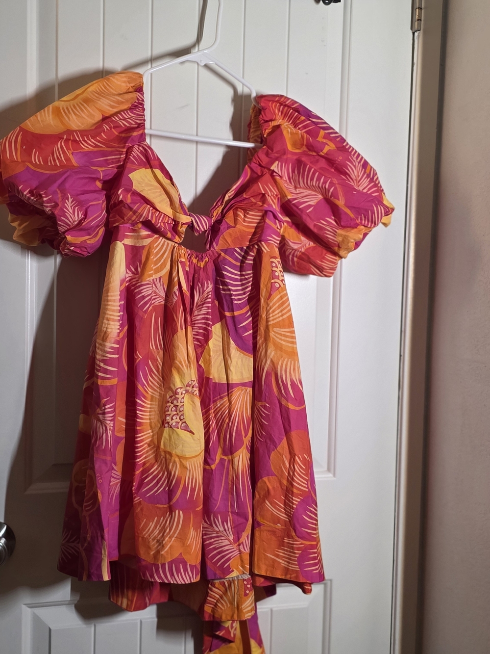 FARM Rio Pink & Orange Tropical Puff-Sleeve Mini Dress